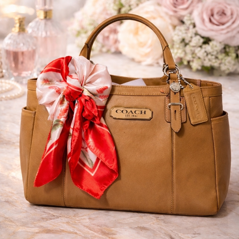 Coach Brown Leather Shoulder Bag with Red Scarf Accent